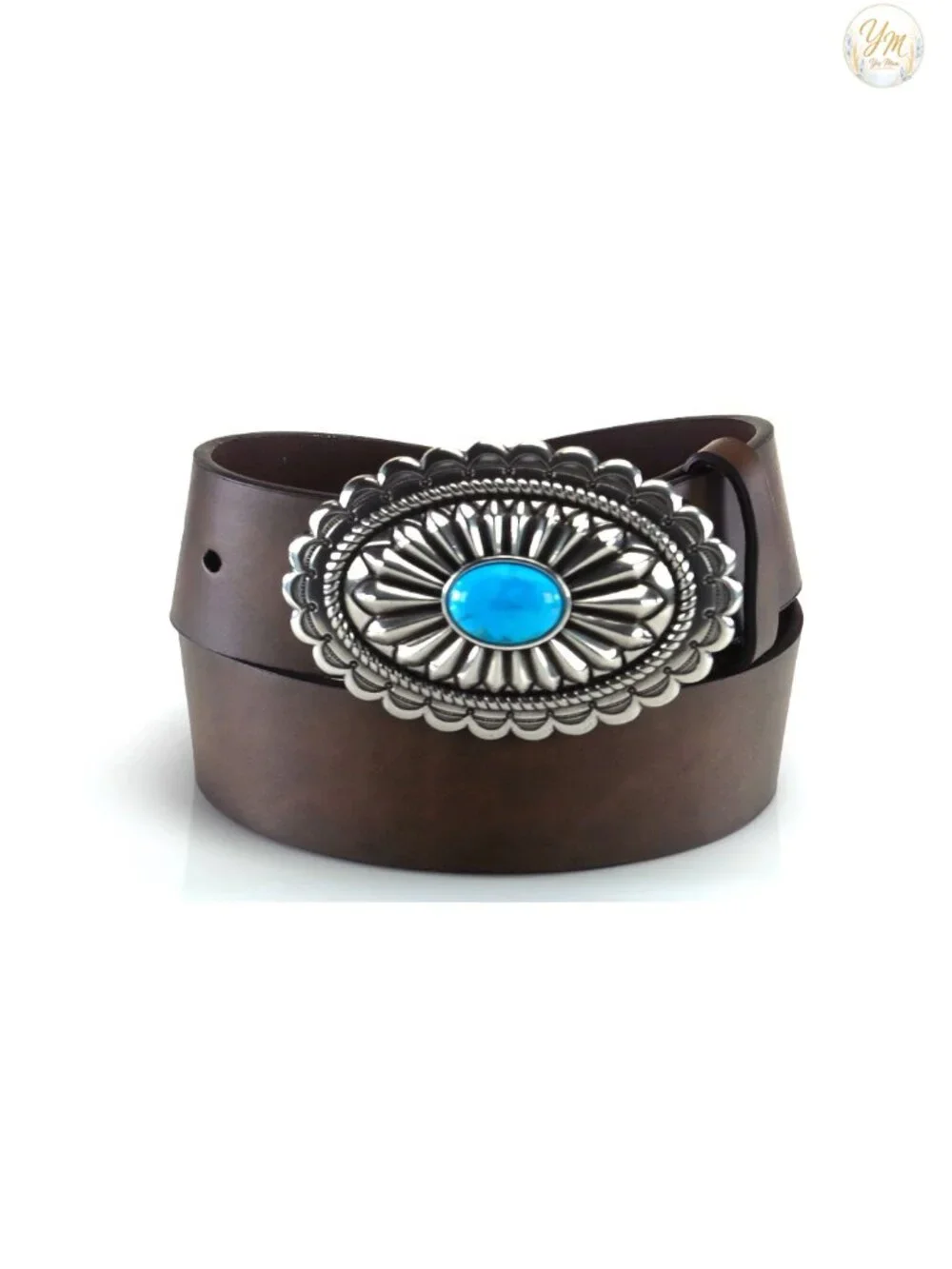 Leather Belt with Oval Concho Buckle Turquoise Stone